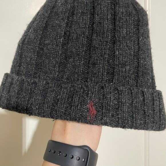 Polo Ralph Lauren Lambs Wool Charcoal Grey Gray Knit Beanie Red Polo Logo Unisex - Picture 6 of 8
